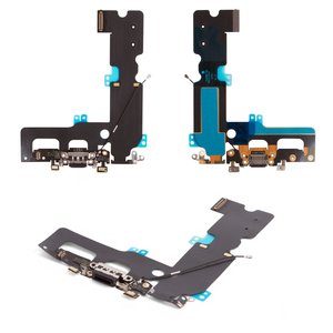 Flat Cable compatible with iPhone 7 Plus, headphone connector, charge connector, black, with components 