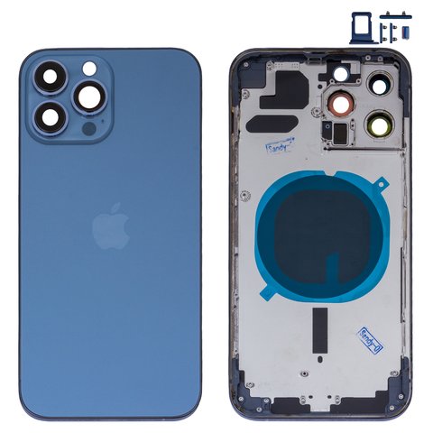 Housing compatible with iPhone 13 Pro Max, dark blue, with SIM card holders, with side buttons, sierra blue
