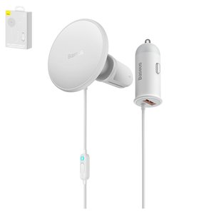 Автомобільний зарядний пристрій Baseus CW01 Magnetic, біле, з кнопкою, з кабелем, 40 Вт, 1 порт, 12 24 B, #SUCX040002