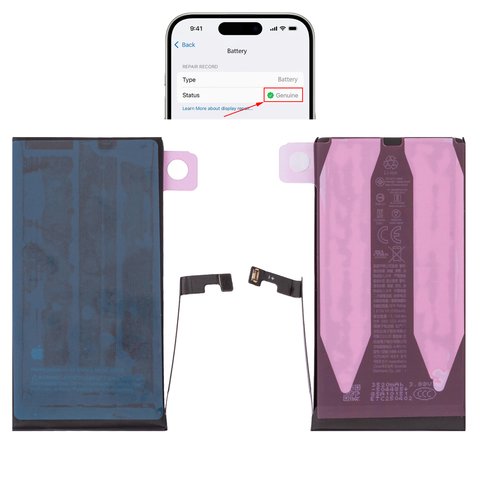 Аккумулятор для iPhone 15, Li ion, 3,876 B, 3500 мАч, повышенная ёмкость, без ошибки, A3018 , genuine IC