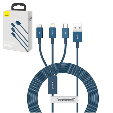 USB кабель Baseus Superior, USB тип C, USB тип A, micro USB тип B, Lightning, 150 см, 3,5 А, синий, силиконовый, 3 в 1, #CAMLTYS 03